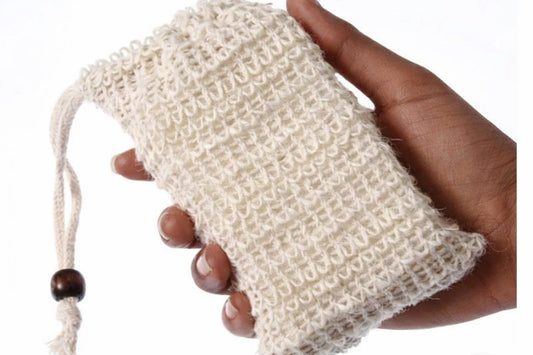 Natural Plant-based Sisal Soap Saver Pouch, with Coffee Color Wood Bead and Drawstring- Howell Products