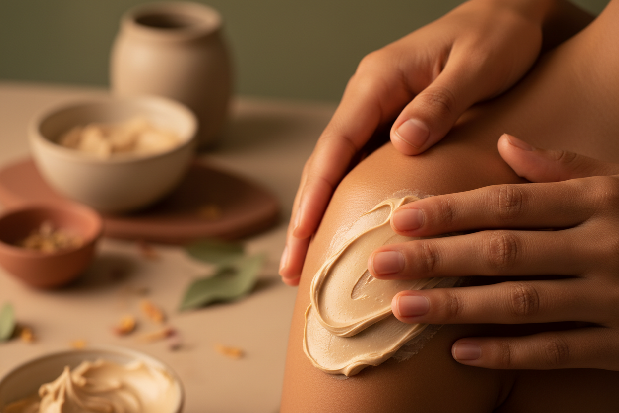 Brown hands applying body butter to shoulder